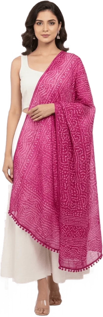 Model in a rani pink bandhej dupatta