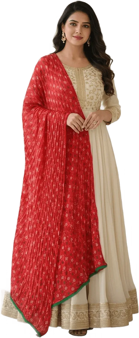 Model in a red leheriya dupatta
