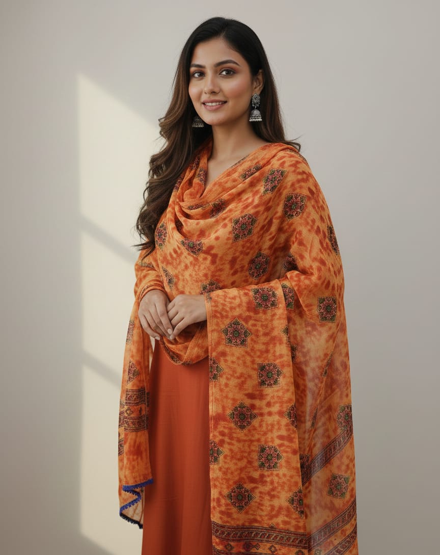 Rust orange block print chanderi dupatta